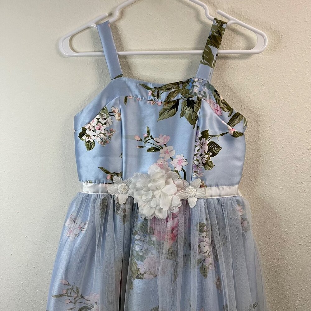 Floral Light Blue Sleeveless Girls Party Dress With Tulle Overlay & Satin Finish - Picture 3 of 14
